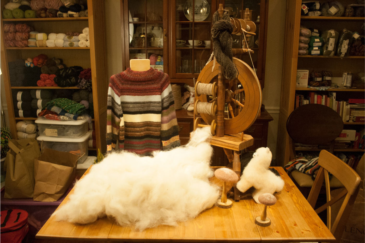 sweater and dog fur spinning weel