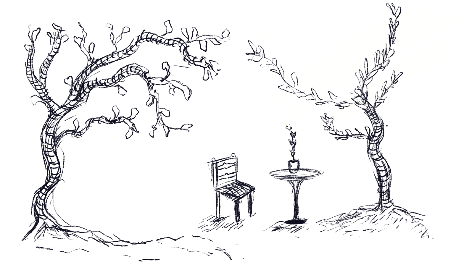 trees and coffee table and chair