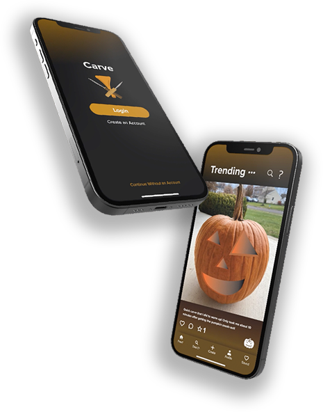 two phones, one showing app screen and the other showing trending