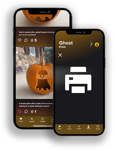 Image of phone that shows a ghost and another that shows a printer icon